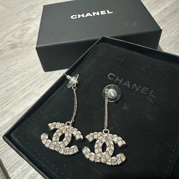 CHANEL Silver and Crystal Logo Earrings - Picture 1 of 5